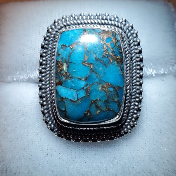 STERLING SILVER BLUE COPPER TURQUOISE RING - Picture 1 of 8